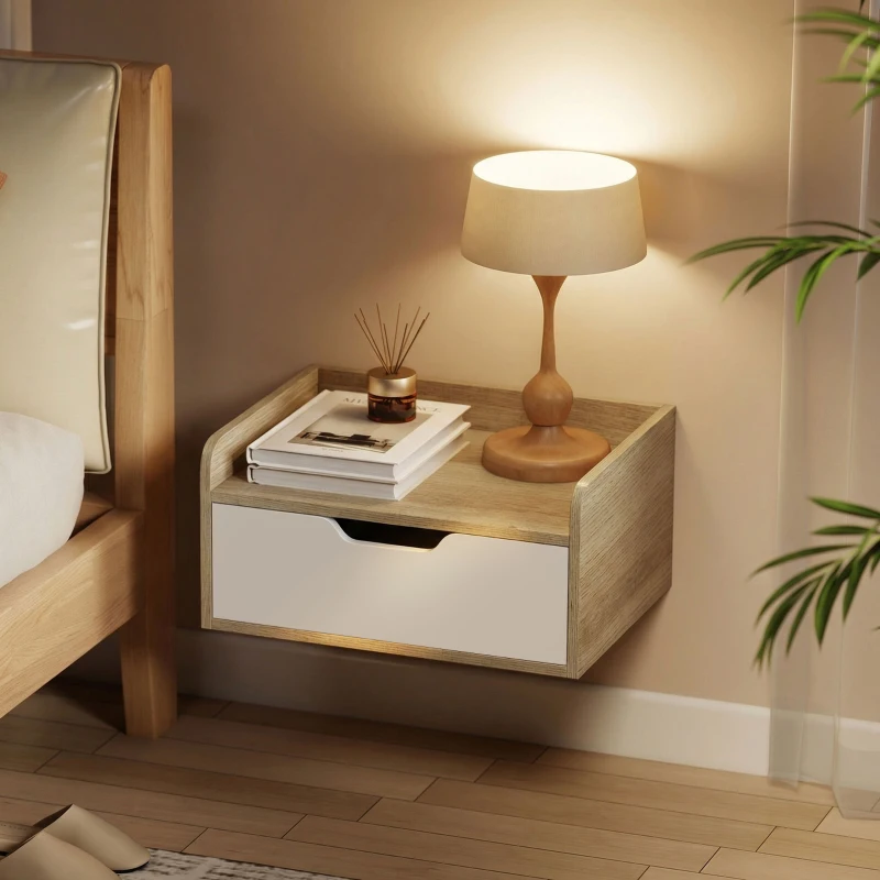 HOMCOM Lote de 2 mesitas de noche murales, mesas de noche con cajón y repisa con bordes elevados, 40x30x19,5cm, madera natural