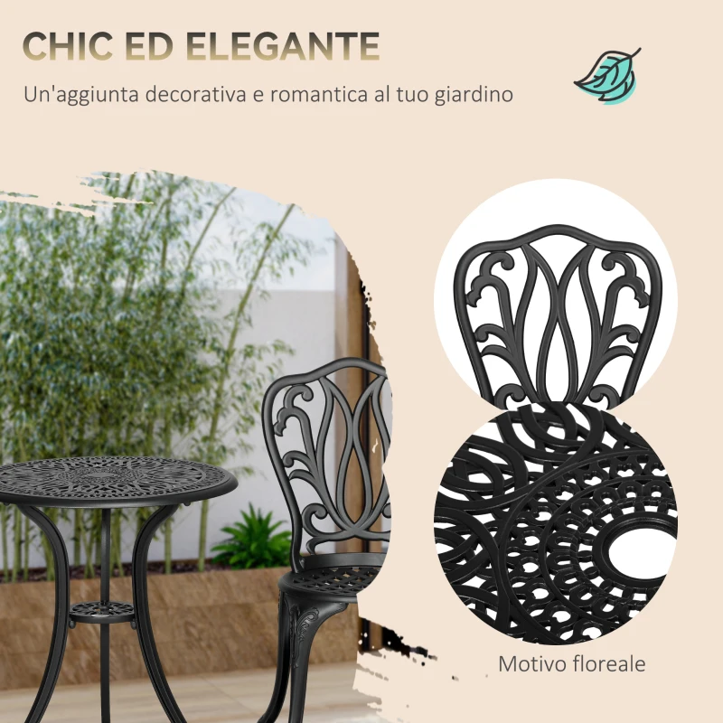 Outsunny Set da Giardino 3pz con 2 Sedie da Esterno e Tavolino in Vetro con Foro per Ombrellone, in Alluminio, Nero
