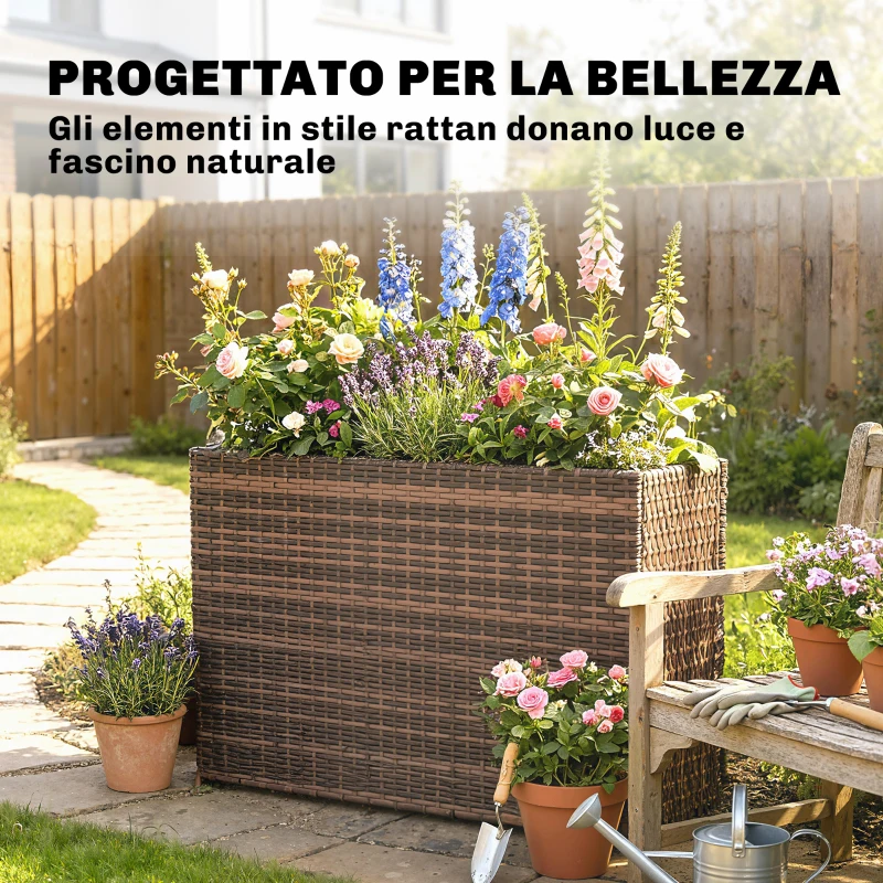 Outsunny Letto per Orto Rialzato da Esterno 45L in Rattan, con Fori di Drenaggio e Piedini Regolabili, Marrone