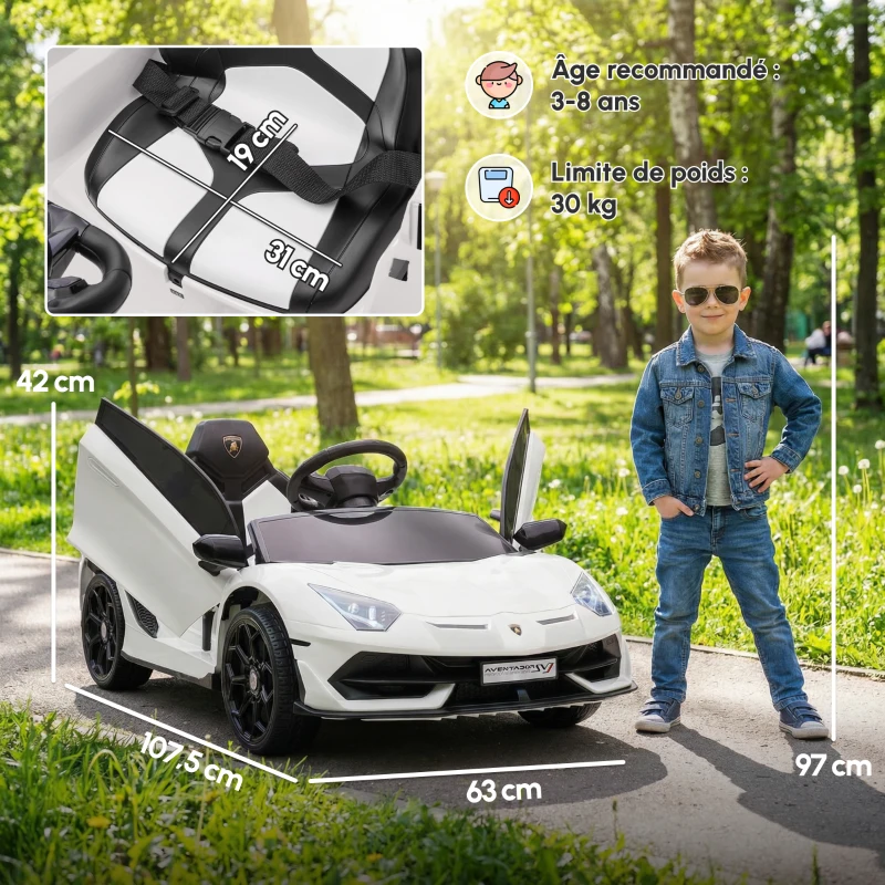HOMCOM Voiture électrique pour enfants licence Lamborghini Aventador SVJ 12V avec portes papillon télécommande 3-5 KM/H blanc(m-3)