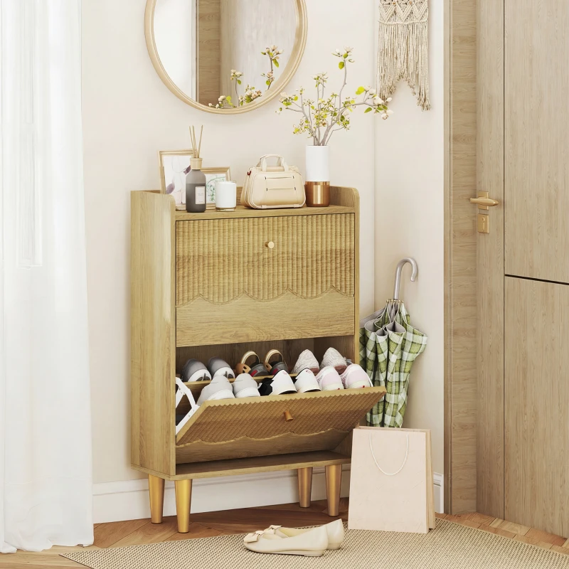 HOMCOM Zapatero para 12 pares, zapatero estrecho, 2 cajones abatibles, estantes regulables, 60x24x92cm, roble