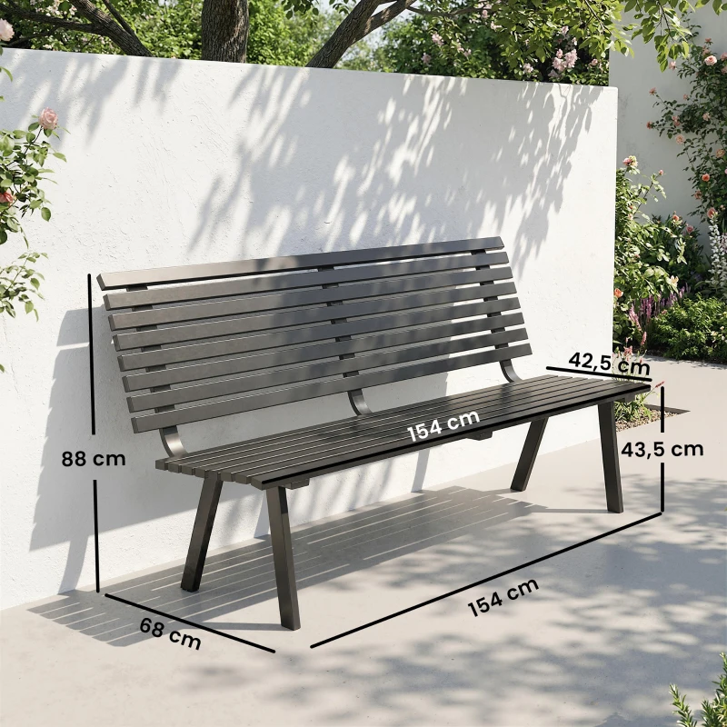 Outsunny Banc de jardin 3 places résistant aux intempéries en métal, assise large, design à lames, jusqu'à 240 kg 154 x 68 x 88 cm