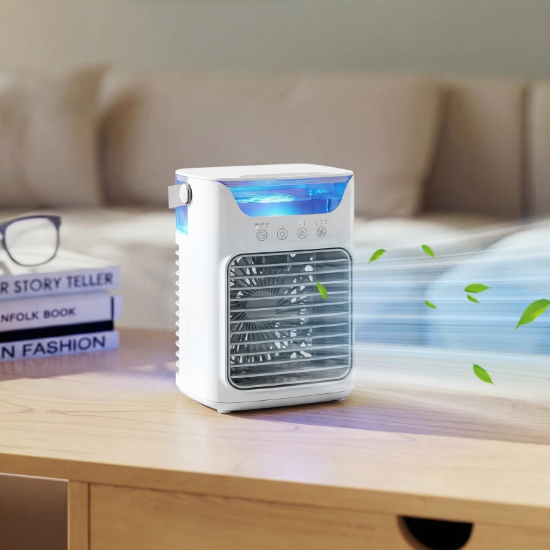 HOMCOM Ventilador de mesa con luz RGB, ventilador de escritorio con cabeza orientable, 3 velocidades, depósito de agua, blanco