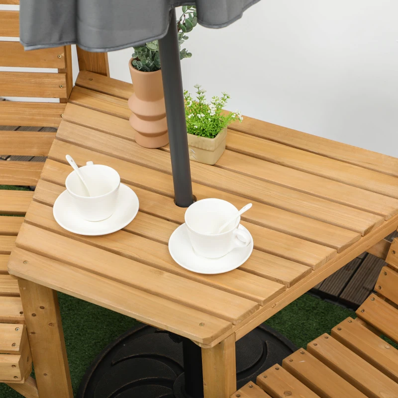 Outsunny Conjunto bistrô 3 peças em madeira à prova de intempéries com design em ripas e furo para guarda-sol Marrom