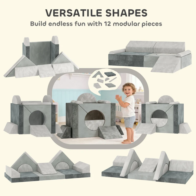 AIYAPLAY Kids Play Sofa, 12 Pieces Foam Modular Soft Play Set for Playroom, Children Convertible Sofa for Boys and Girls, Grey