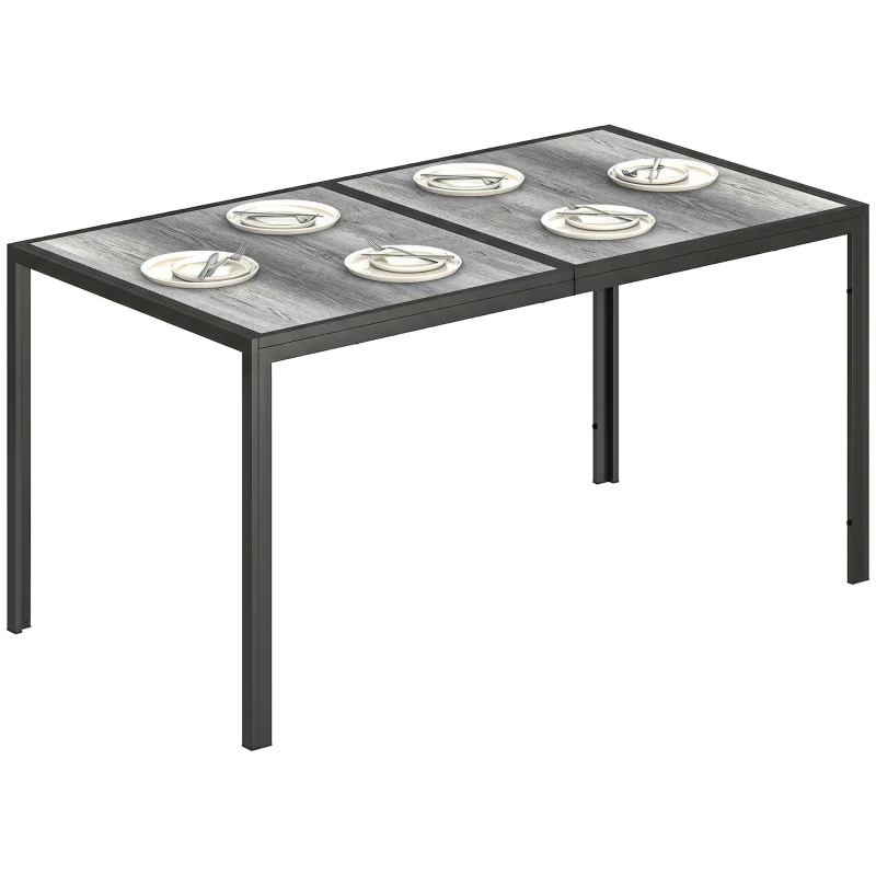 Outsunny Mesa de jardín para 4 a 6 personas, mesa de comedor exterior con tablero efecto madera, 150 x 80 x 74 cm, gris