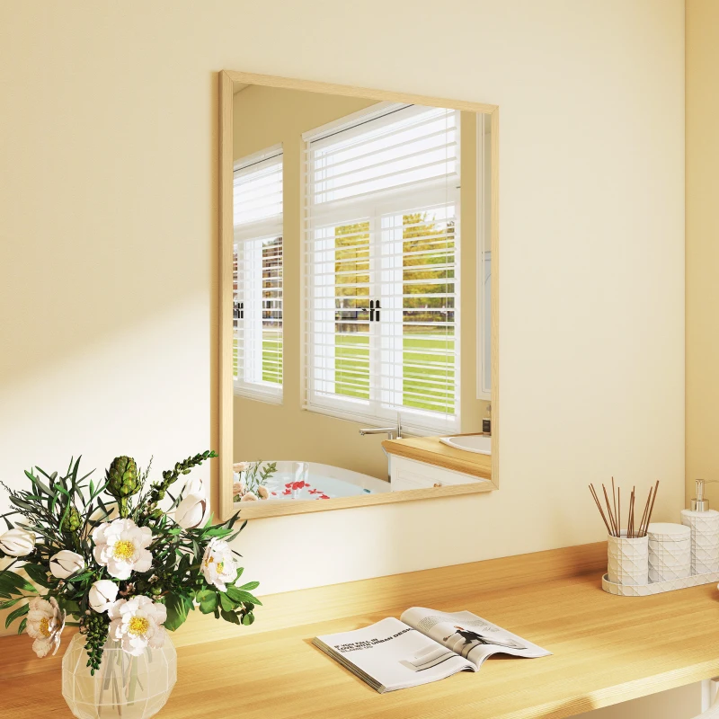 HOMCOM Espelho de parede retangular 80 x 60 cm, moldura em madeira natural, ideal para banheiro, sala ou quarto
