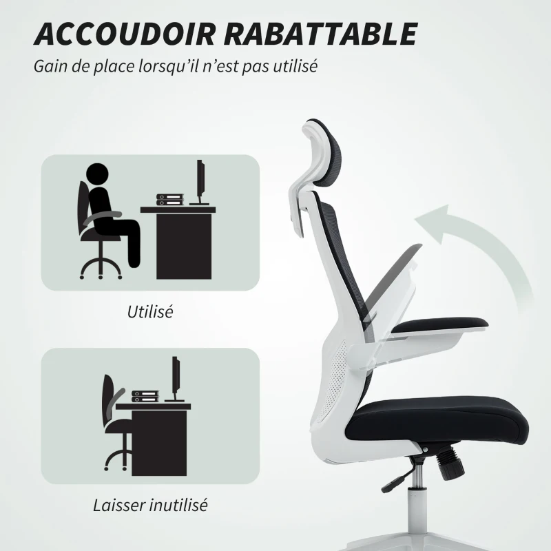 HOMCOM Chaise bureau ergonomique, fauteuil de bureau, accoudoirs relevables, soutien lombaire, appui-tête, 60x63x120cm, noir