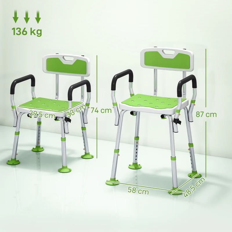 HOMCOM Tabouret de douche chaise de douche ergonomique hauteur réglable pieds antidérapants 56,5 x 53,5 x 87 cm blanc et vert
