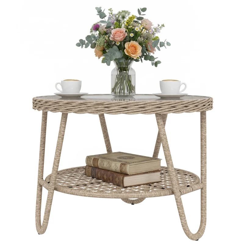Outsunny Bijzettafel van polyrattan, tweelaagse koffietafel met opbergruimte, glazen tafelblad, verstelbare voetjes, 65 x 65 x 50 cm, geel