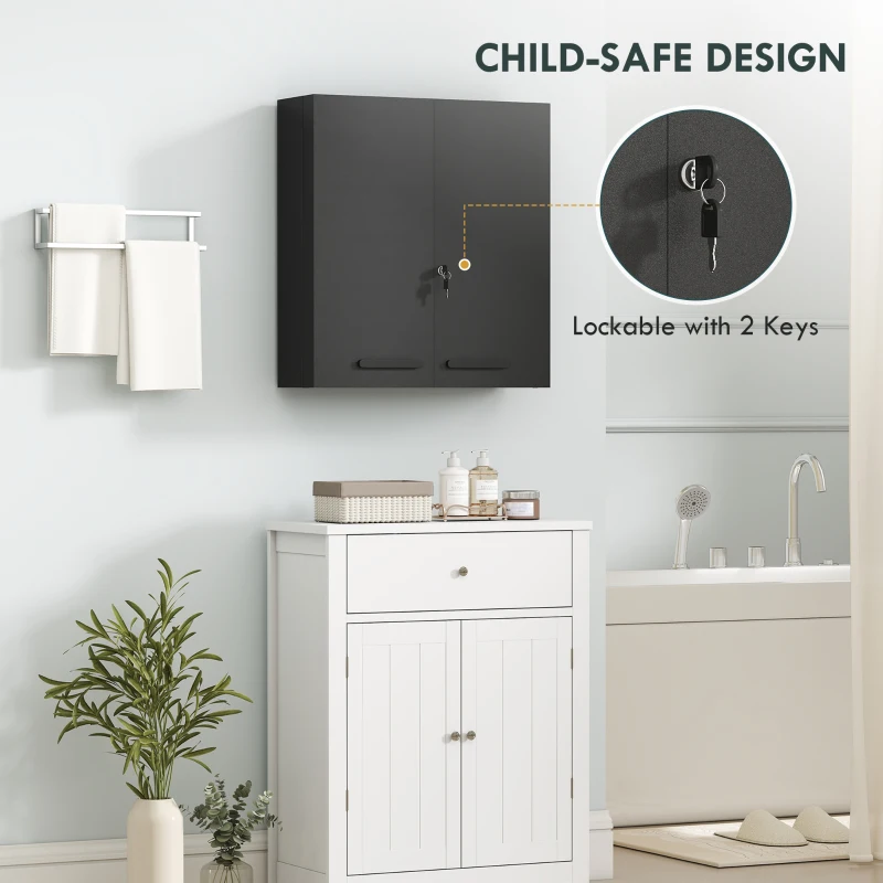 kleankin Medicijnkast, afsluitbare medicijnkast met 2 deuren en 6 legplanken, zwart