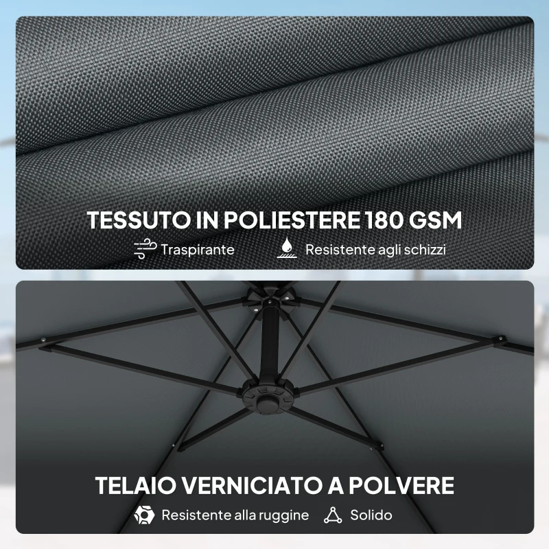 Outsunny Ombrellone a Sbalzo con Base a Croce, in Metallo e Poliestere, 302x295x242 cm, Grigio Scuro