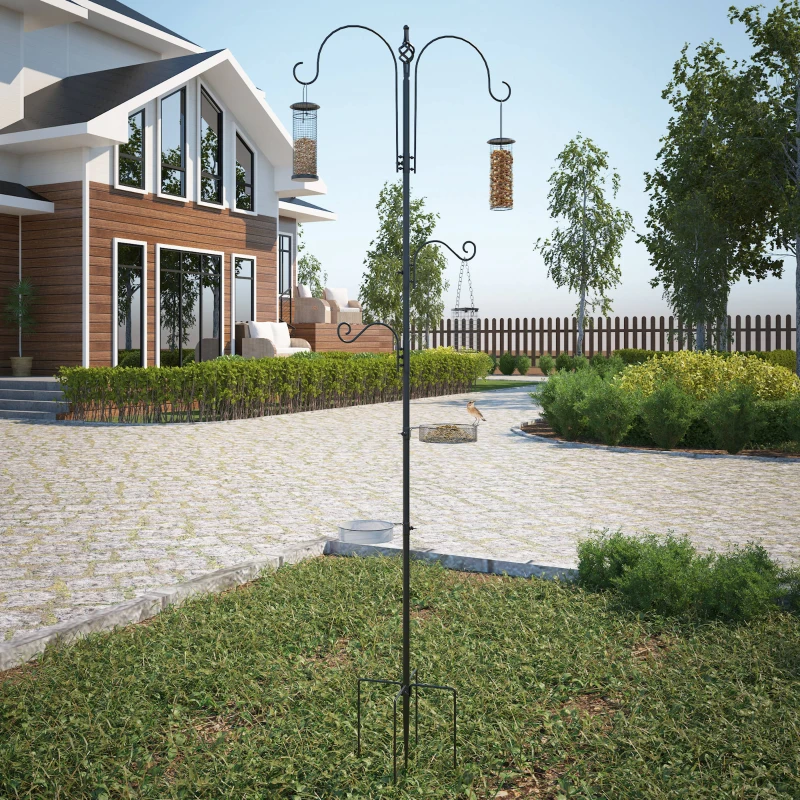 PawHut Estação de alimentação para pássaros em aço, comedouro para pássaros de pé 208H cm com 4 ganchos, preto