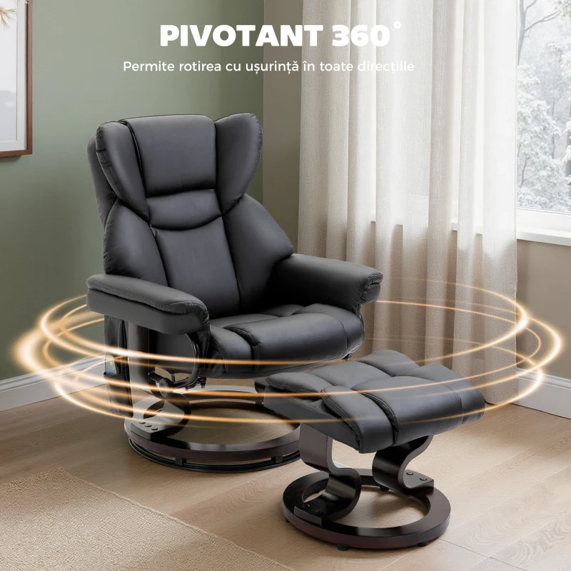 HOMCOM Fotoliu Relax cu Taburet Suport pentru Picioare și Funcție de Masaj, Rabatabil la 145° și Rotativ la 360°, Negru