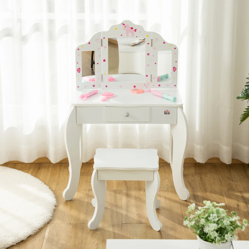 Homcom Set Masuta Machiaj Copii – Oglinda Rotativa + Taburet