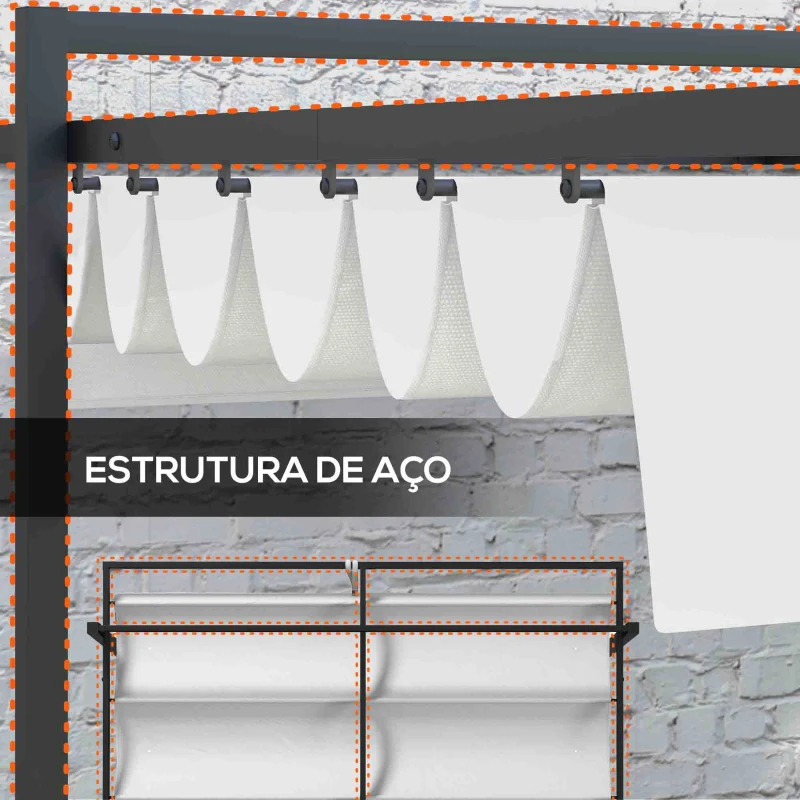 Outsunny Pérgola 3x4 Pérgola de Jardim com Teto Retrátil de Poliéster e 12 Orifícios de Drenagem Branco