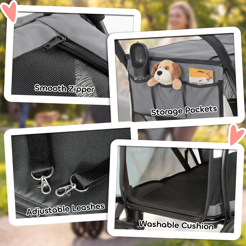 PawHut Cochecito plegable para perros con cojín lavable, ventanas de malla, 3 ruedas, para perros medianos hasta 20 kg, gris