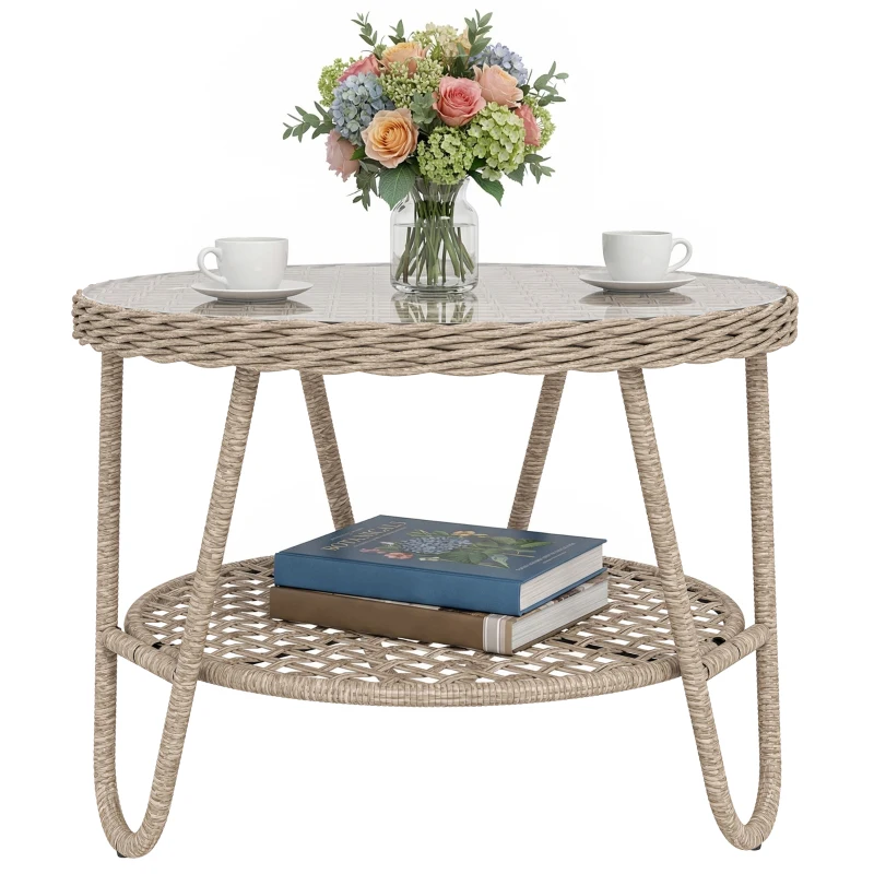 Outsunny Bijzettafel van polyrattan, tweelaagse koffietafel met opbergruimte, glazen tafelblad, verstelbare voetjes, 65 x 65 x 50 cm, geel