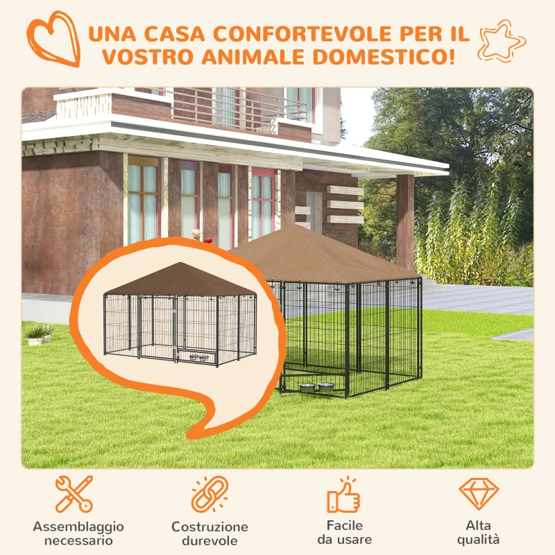 PawHut Recinto per Cani in Metallo e Tessuto Oxford con Porticina per Ciotole, 211x141x151 cm, Nero e Marrone