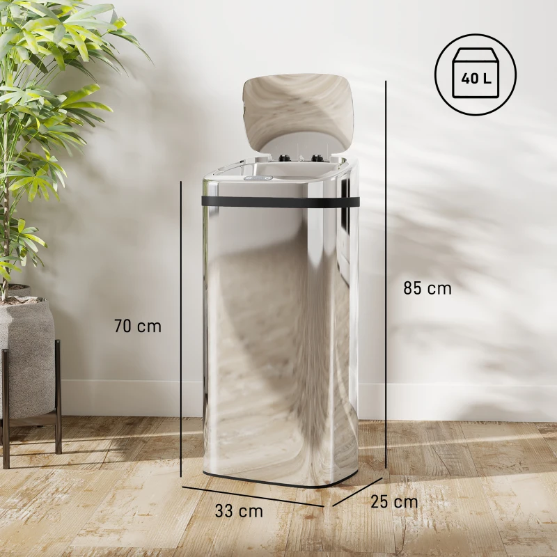 HOMCOM Contentor de Lixo de 40L com Sensor para Abertura e Fecho Automático, 33x25x70 cm, Prateado