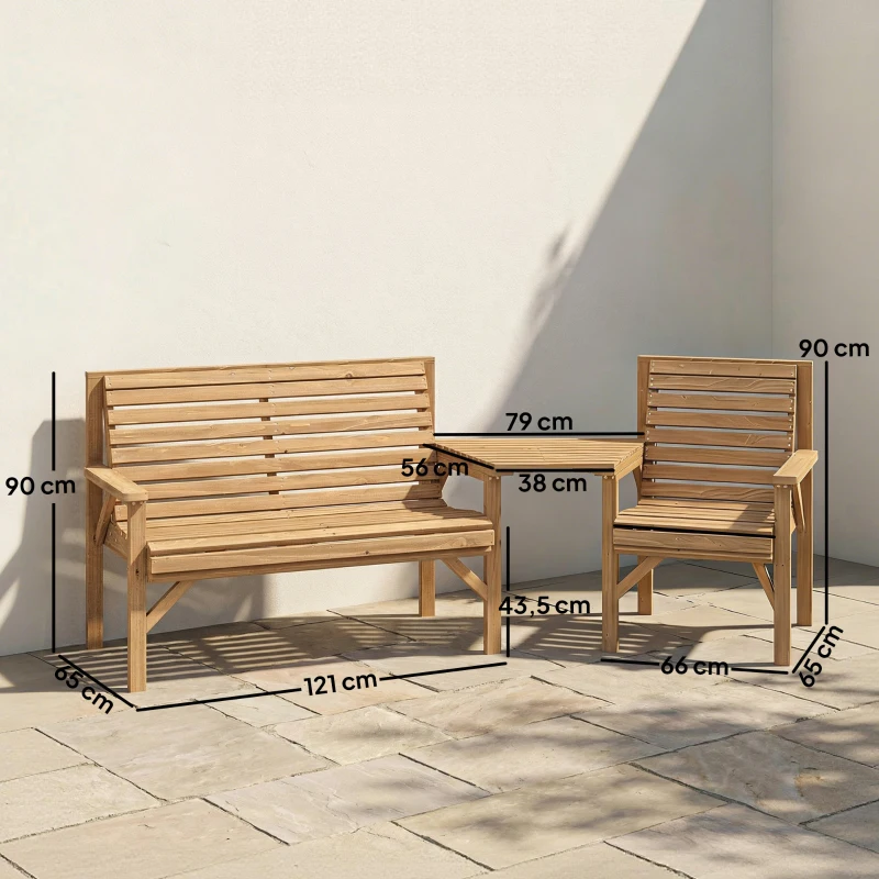 Outsunny Set de 3 sillas de jardín, juego para balcón con orificio para parasol, silla de jardín, banco, mesa desmontable 121x65x90 cm Madera natural