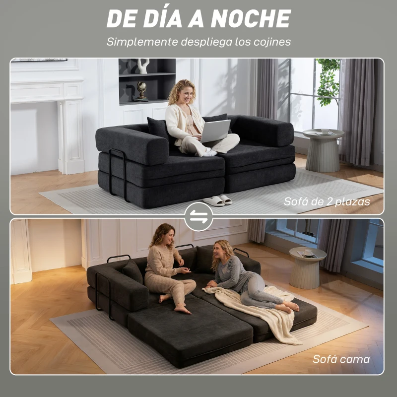 HOMCOM Sofá Cama de 2 Plazas Plegable Tapizado en Chenilla con Acolchado Grueso Reposabrazos Anchos 2 Almohadas Gris Oscuro