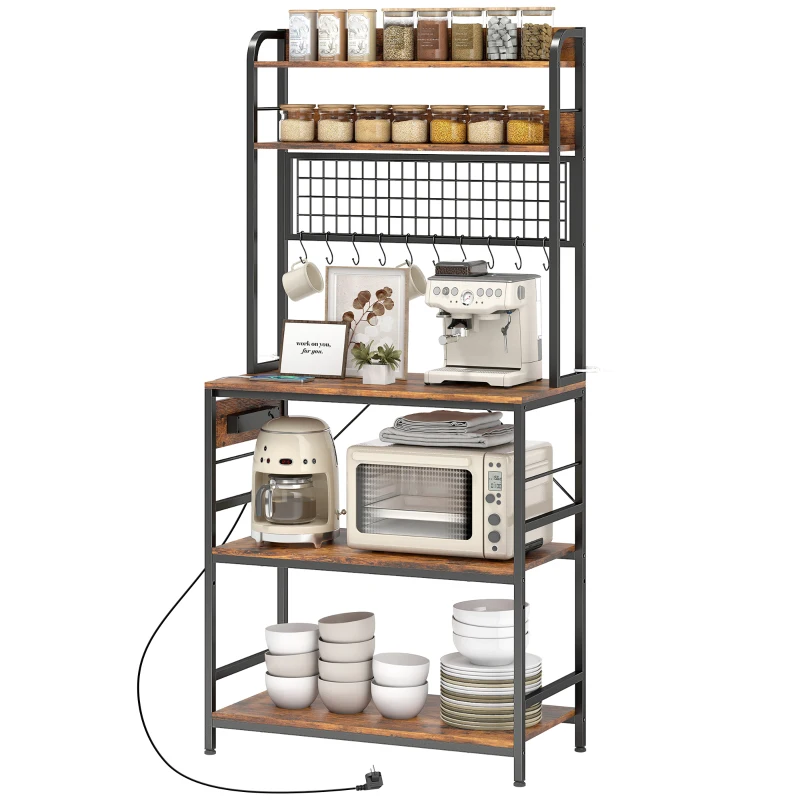 HOMCOM Estante de Cozinha com Estação de Carregamento, 5 Prateleiras e 10 Ganchos em S, em Madeira e Aço, 80x40x170 cm, Marrom