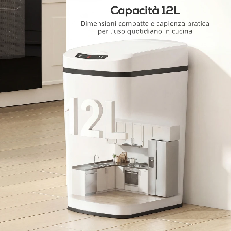 HOMCOM Cestino Rifiuti da 12L a Infrarossi con Secchio Rimovibile, in Acciaio Inox, ABS e PP, 28x22x41 cm, Bianco