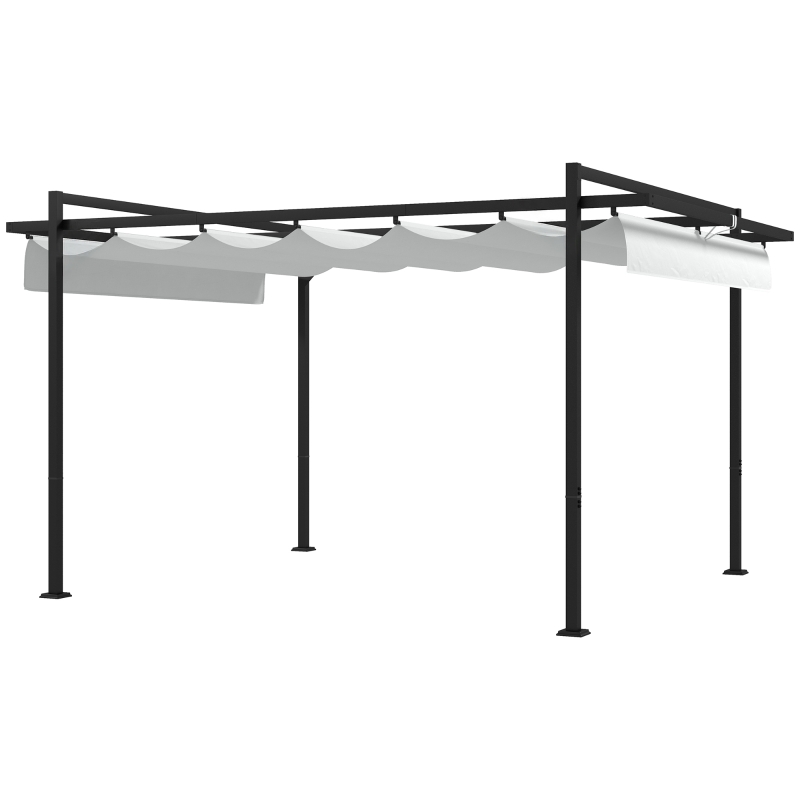 Outsunny Cenador de Jardín 3x4 m con Techo Retráctil de Poliéster y 12 Orificios de Drenaje Pérgola para Terraza Blanco y Gris