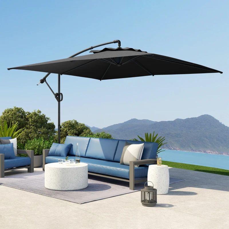 Outsunny Parasol descentrado cuadrado 3 x 3 m con manivela, base cruzada, parasol inclinable rotación a 360° lona 180 g/m² gris oscuro