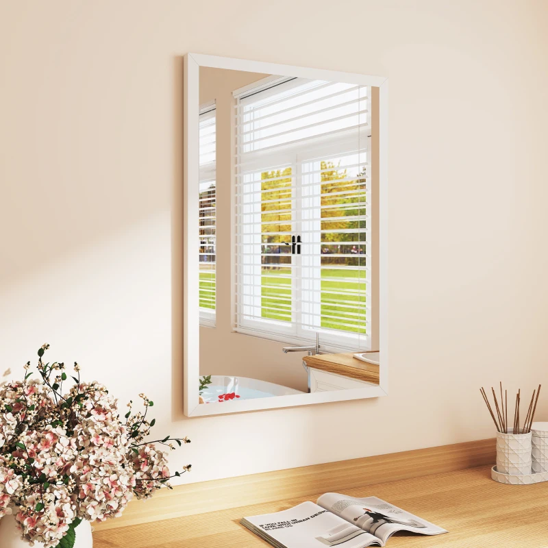 HOMCOM Espelho de parede retangular 60 x 40 cm, moldura em madeira branca, ideal para casa de banho, sala ou quarto
