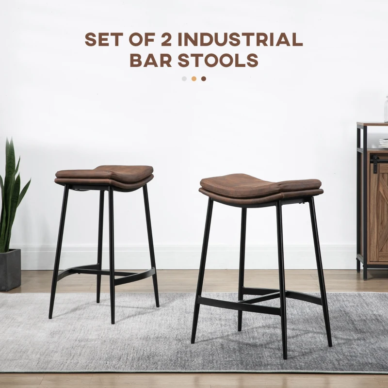 HOMCOM Set 2 Scaune de Bar în Stil Industrial cu Suport pentru Picioare, din Piele Ecologică, 48.5x38.5x68.5 cm, Negru și Maro