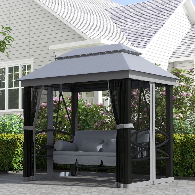 Outsunny 3 Seater Swing Chair 3-in-1 Convertible Garden Swing Seat Bed Gazebo Patio Bench Outdoor with Double Tier Canopy, Cushioned Seat, Mesh Sidewalls, Grey