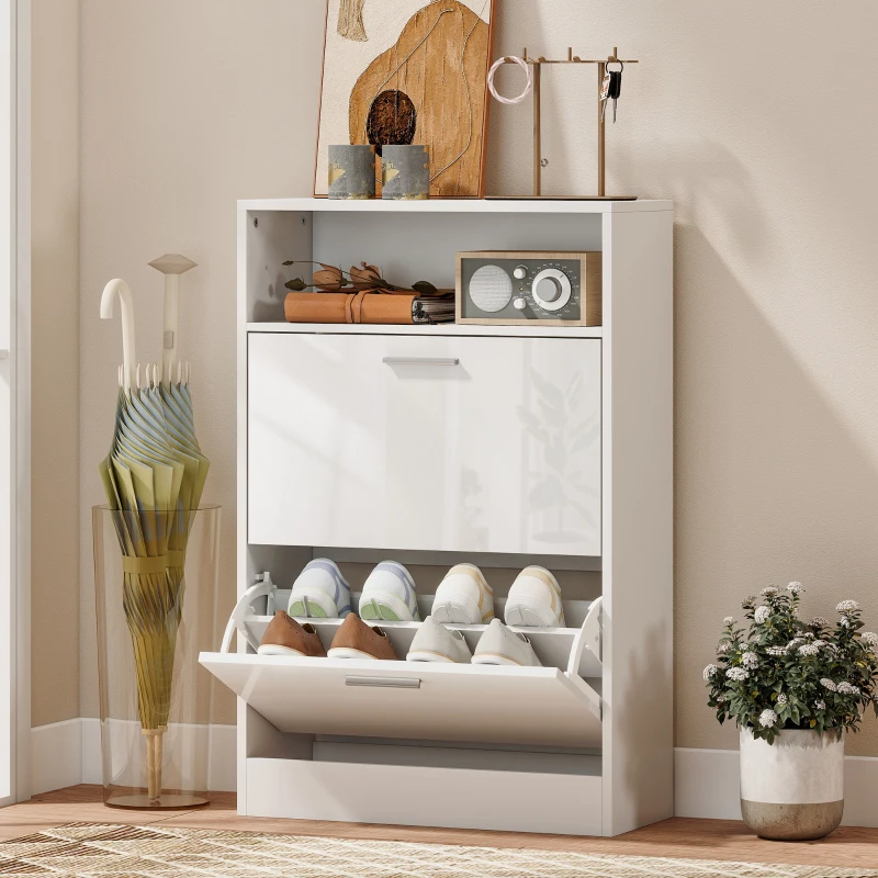 HOMCOM Zapatero 8 pares, armario para zapatos, 2 cajones abatibles, estantes regulables y compartimento, blanco