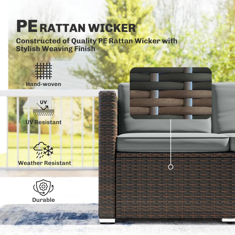 Outsunny 3 Pieces Garden Furniture Set w/ Cushions, PE Rattan Wicker Conversation Corner Sofa Set, Light Grey