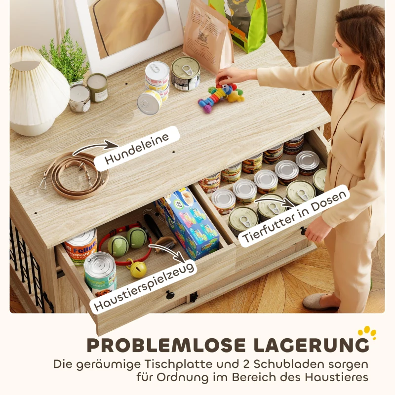 PawHut Hundebox auf Rädern, 2 Türen, 2 Schubladen, für mittlere und große Hunde, Holz, Stahl