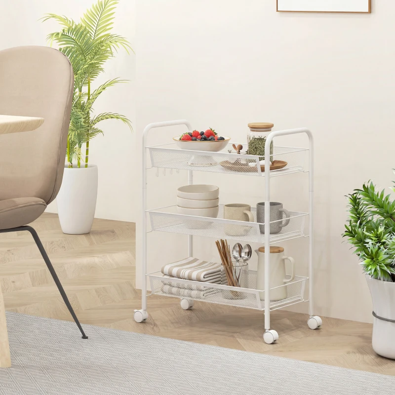HOMCOM Chariot à 3 niveaux avec paniers desserte à roulettes chariot de rangement roulante 45 x 26,5 x 63 cm blanc