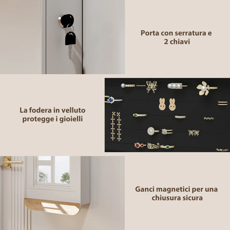 HOMCOM Espelho Porta-Joias de Parede e para Porta com Espelho Interno Iluminado e Fechadura, 37x10x120 cm