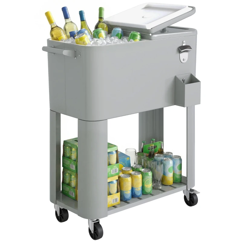 Outsunny Carrito Nevera de 76L con Ruedas Estante Abrebotellas Recogetapas Drenaje y 2 Asas para Patio Fiesta 92x39x81 cm Plata