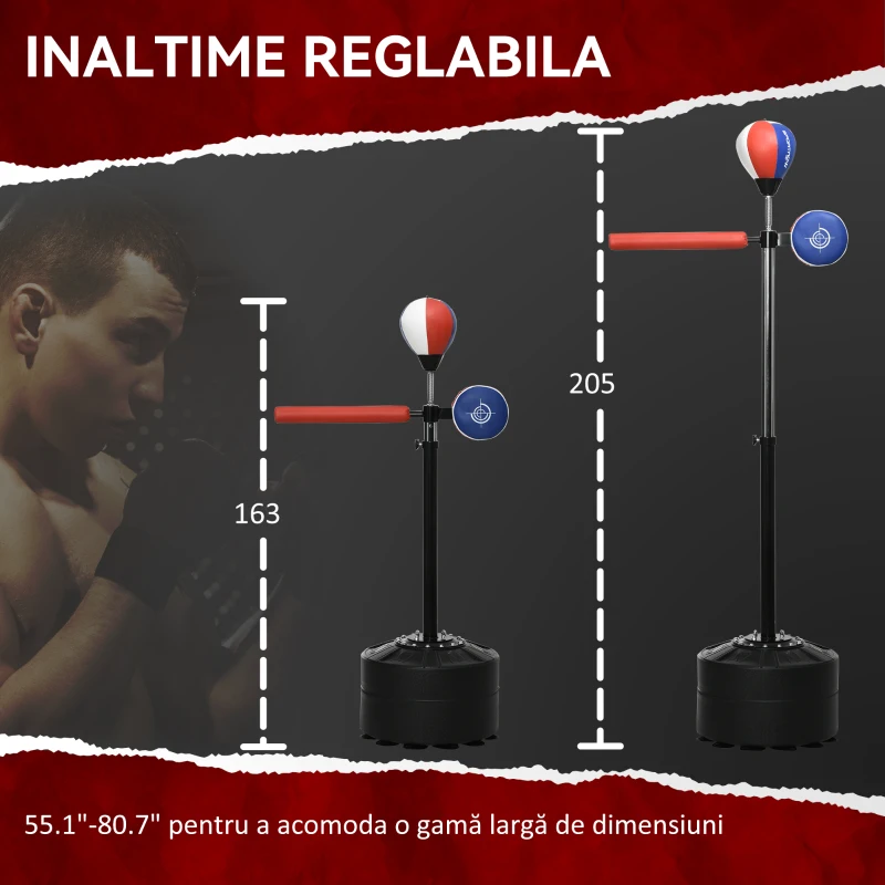 SPORTNOW Sac de Box pe Podea cu Bară Rotativă, Speedball și Țintă, din Oțel, HDPE și PU, 80.5x48x163-205 cm