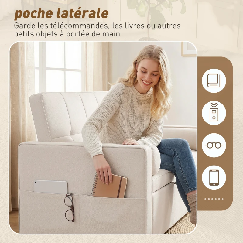 HOMCOM Canapé convertible 2 places 3 en 1 canapé-lit avec lit gigogne double dossier réglable 2 coussins 80,5x137,5x84cm beige