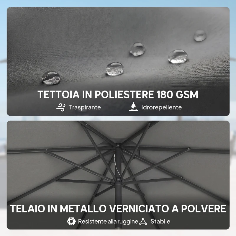 Outsunny Ombrellone Rotondo Inclinabile 3x3 m con Manovella, in Metallo e Poliestere, Grigio Scuro