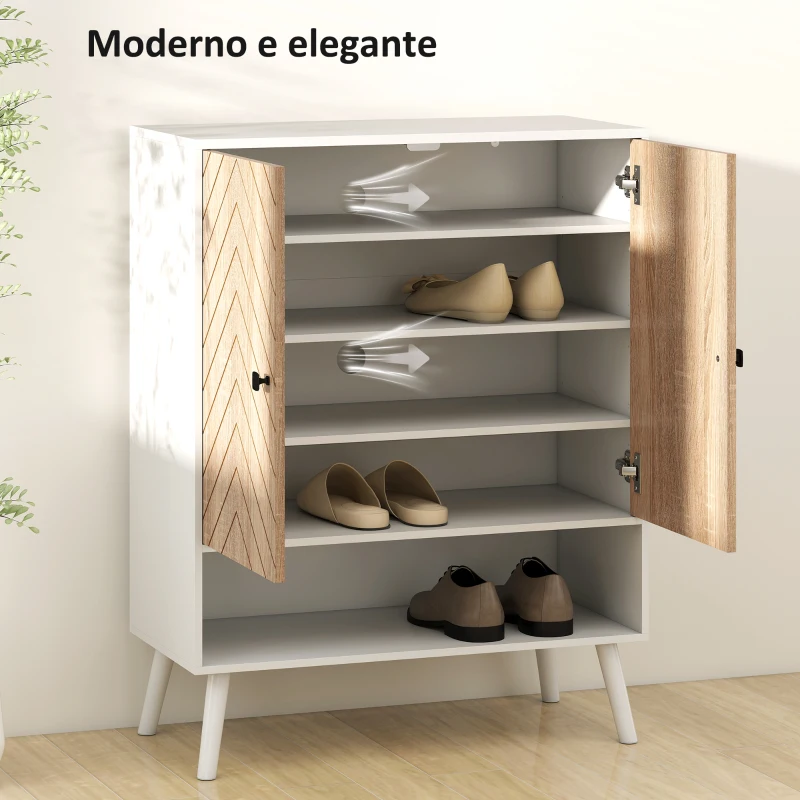 HOMCOM Sapateira com Desenho em Espiga Prateleiras Ajustáveis Compartimento Aberto para 15 Pares de Sapatos 75x35x97 cm Branco e Madeira
