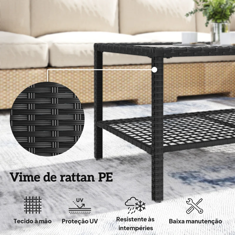 Outsunny Mesa de Centro de Jardim em Ratã com Prateleira e Tampo de Vidro Temperado, Estrutura de Aço, 92x50x45 cm, Preto