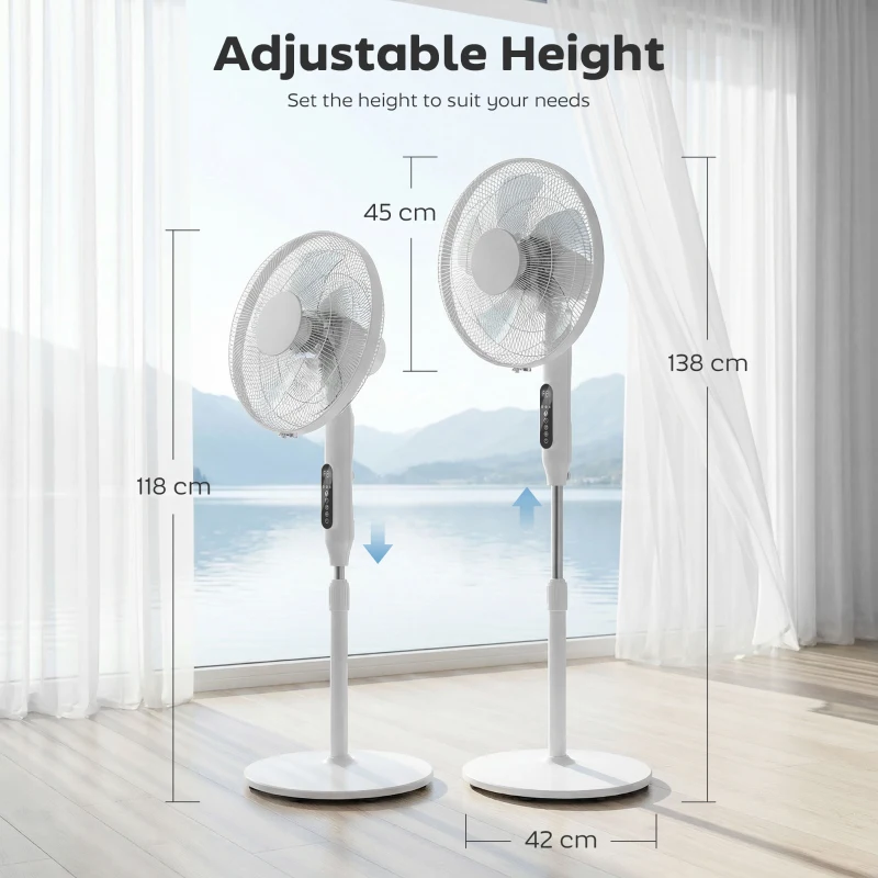 HOMCOM Standventilator mit Fernbedienung, WLAN-Funktion, höhenverstellbar, 3 Geschwindigkeiten, 3 Modi, Oszillation, Timer, Weiß