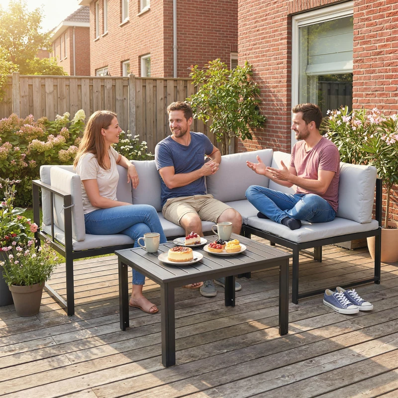 Outsunny Salon de Jardin Mobilier de Terrasse 3 Pièces 4 Places Modulable avec Accoudoir Réglable Coussins Épais 16cm Gris