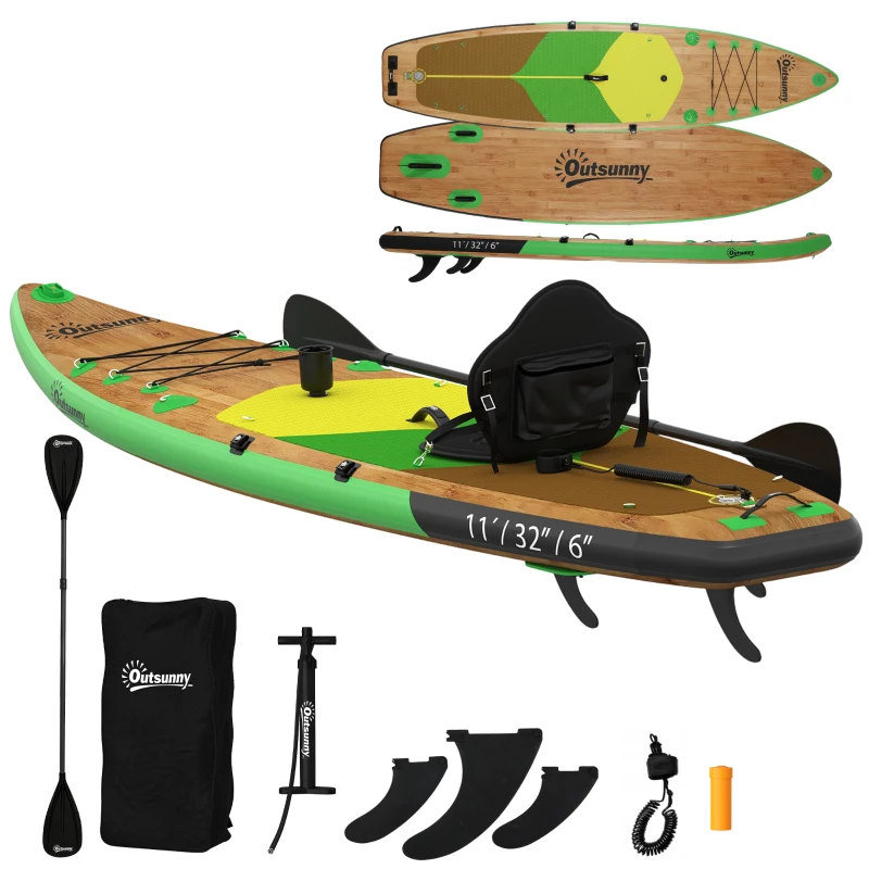 Outsunny Stand Up Paddling Board Set Aufblasbar 335cm SUP Board mit Kajak Sitz, Verstellbares Doppel-Paddel Fußschlaufe
