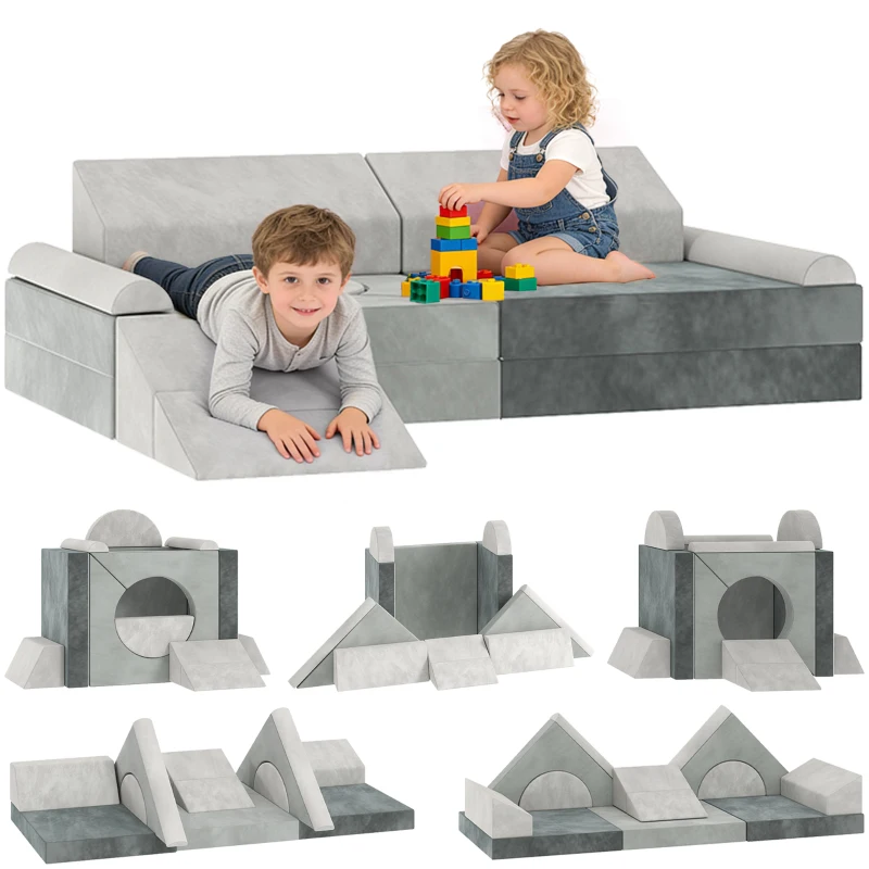AIYAPLAY Kids Play Sofa, 12 Pieces Foam Modular Soft Play Set for Playroom, Children Convertible Sofa for Boys and Girls, Grey