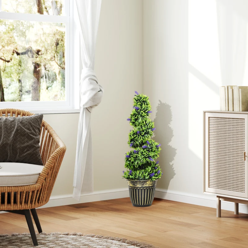 HOMCOM Conjunto 2 Plantas Artificiais em Espiral em PE de 90 cm com Vaso Incluído, Verde e Azul