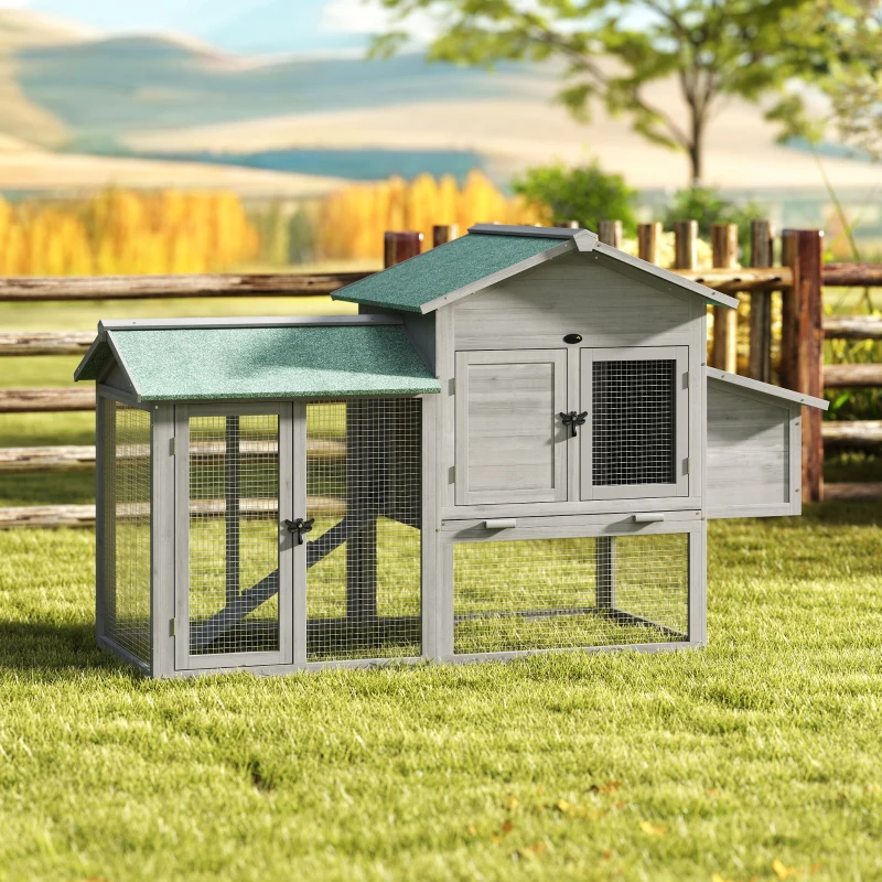PawHut Gallinero de madera Caseta con corral Caja nido Rampa bandeja extraíble para 2-4 gallinas 168x75x103cm Gris
